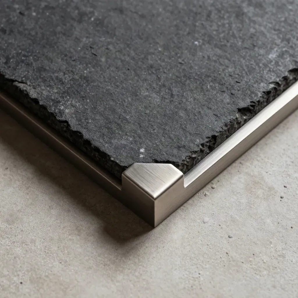 Overhead stone and steel architectural samples on pale concrete
