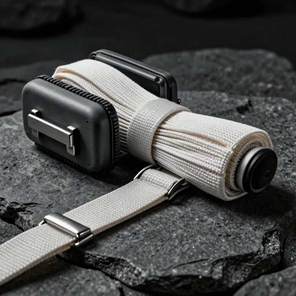 Logistics seals, latch plates, and tie-down webbing on dark stone in moody macro light.