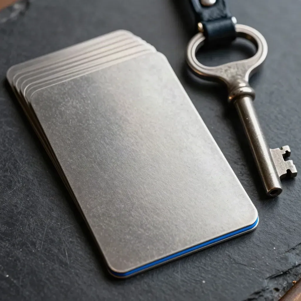 Finance kit with metal card blanks, a vault key and ledger clasp on brushed slate.