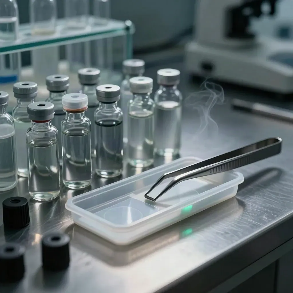 Biotech vials, tweezers and sample tray on brushed metal with cold vapour