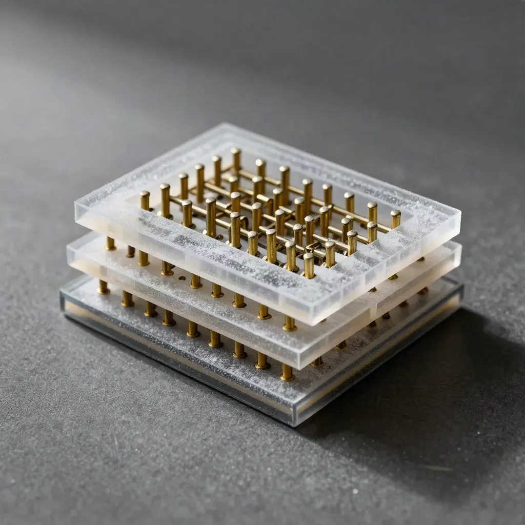 Top-down macro of frosted acetate UX mockup frames with brass pins on a graphite slab.