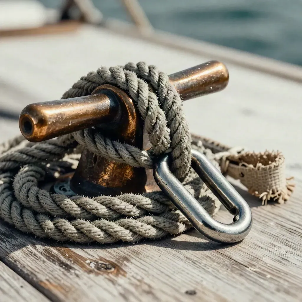 Macro maritime rigging still life with cleat, rope, shackle, canvas strap on pale wood
