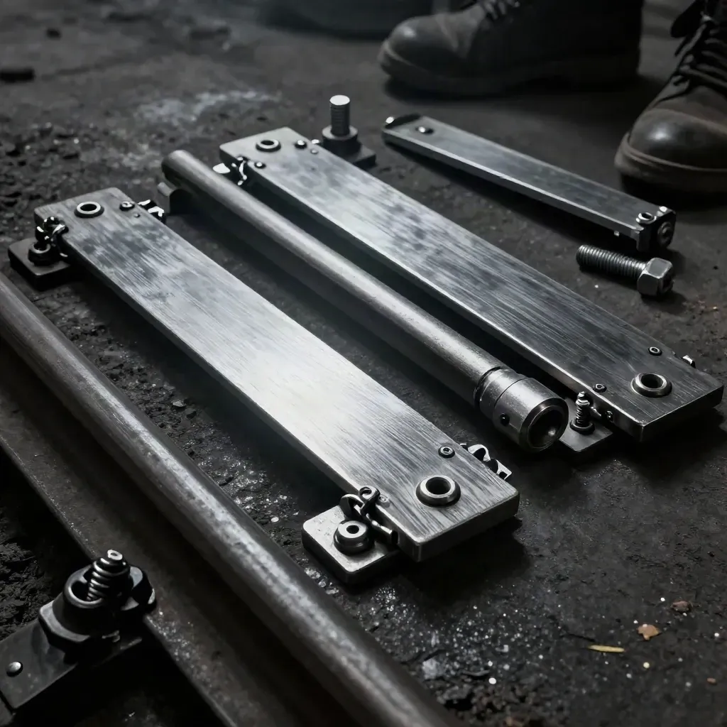 Steel rail clip plates, spring fasteners and a joint block on blackened steel, lit dramatically from above.
