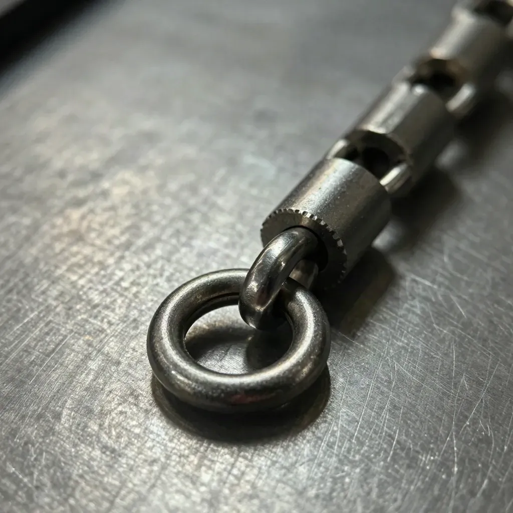 Metal connector chain closing into a loop on brushed steel with dramatic light