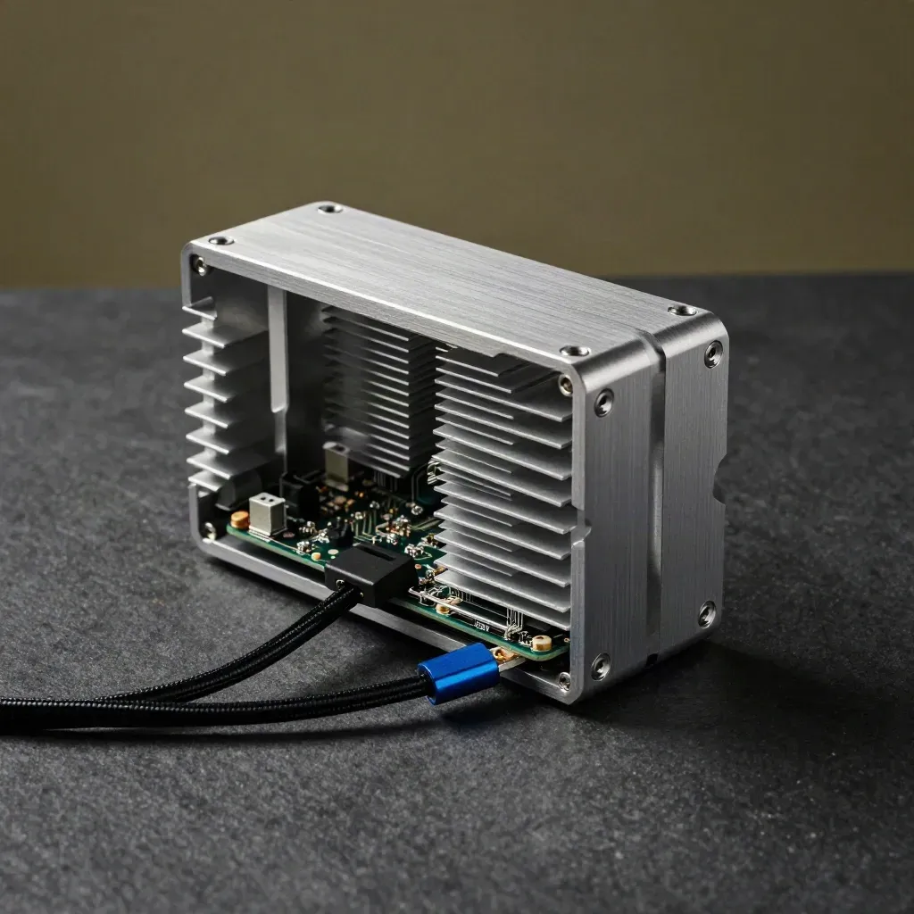 Aluminium enclosure shell closing around a circuit board on dark stone, lit in a moody workshop.