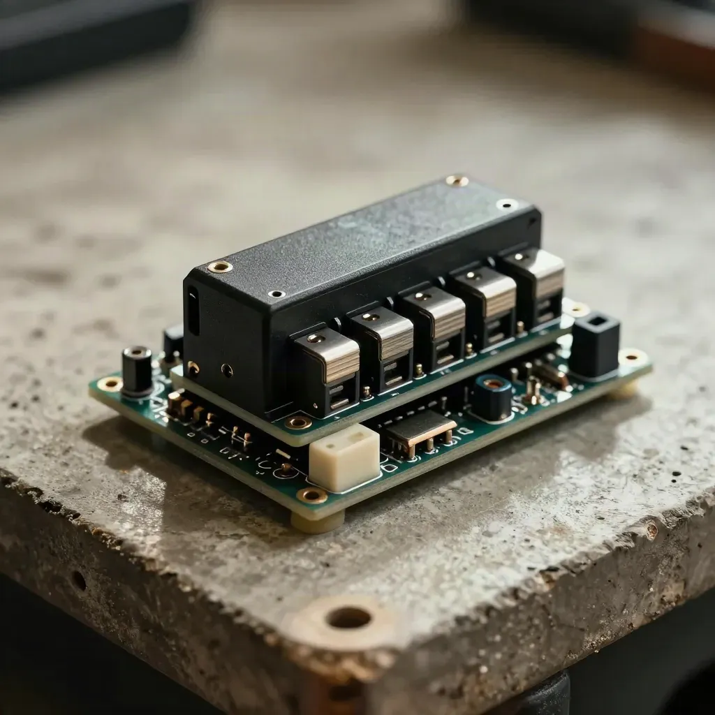 Relay module and switch assembly on pale concrete, top-down macro with dramatic shadow.