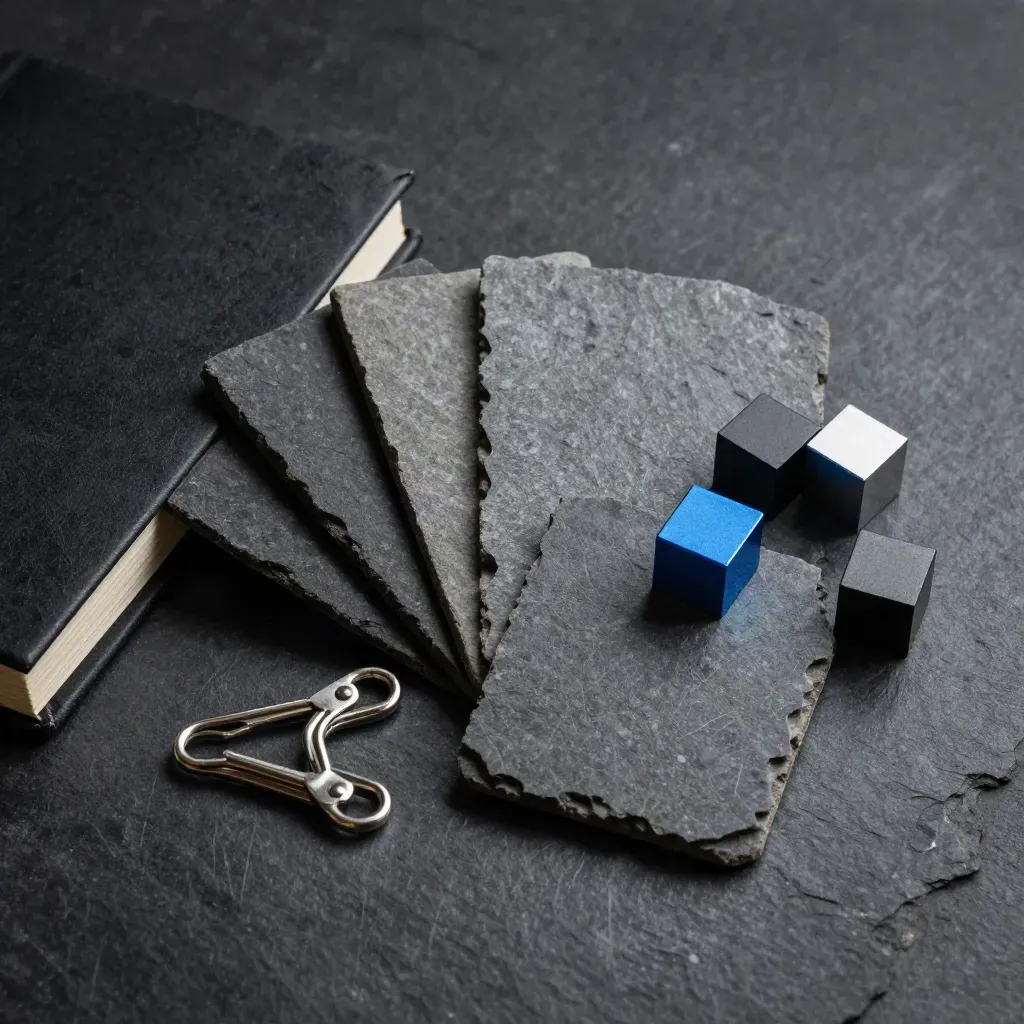 Top-down still life of stone swatches, spacer cubes, a closed notebook and cable clips on slate.