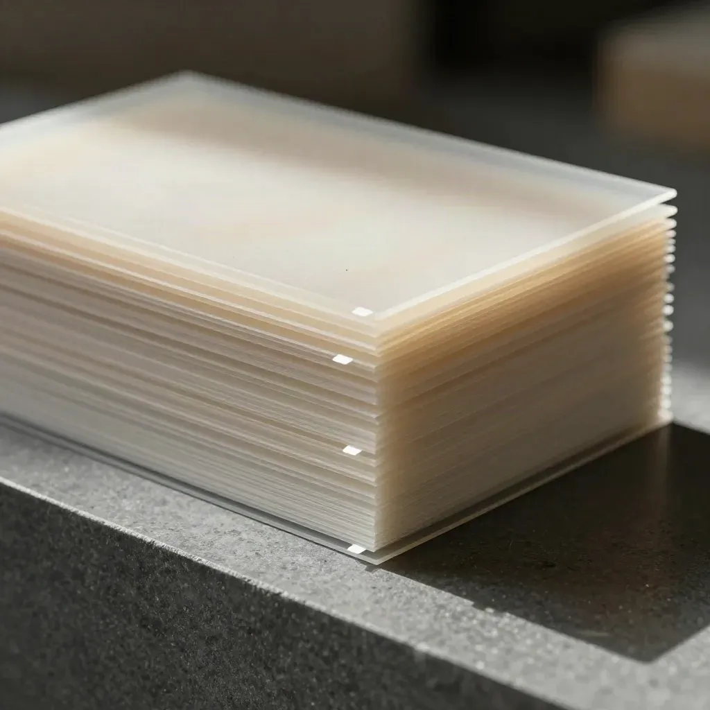Macro UX prototype stack of acetate, foam core and tabs on stone, softly lit.