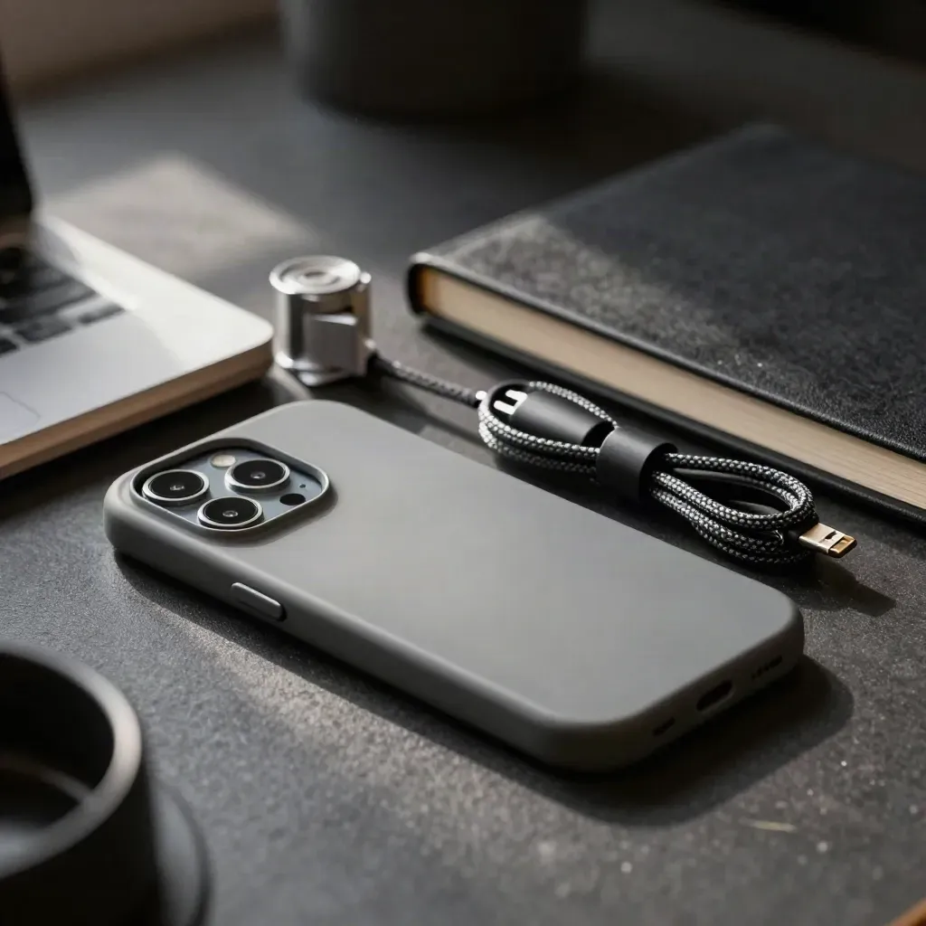 Macro kit of phone shell, power bank, cable spool and notebook on a charcoal desk.