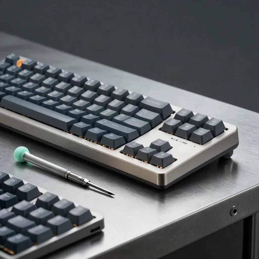 Keyboard chassis, keycaps, SSD case and screwdriver on a brushed metal bench