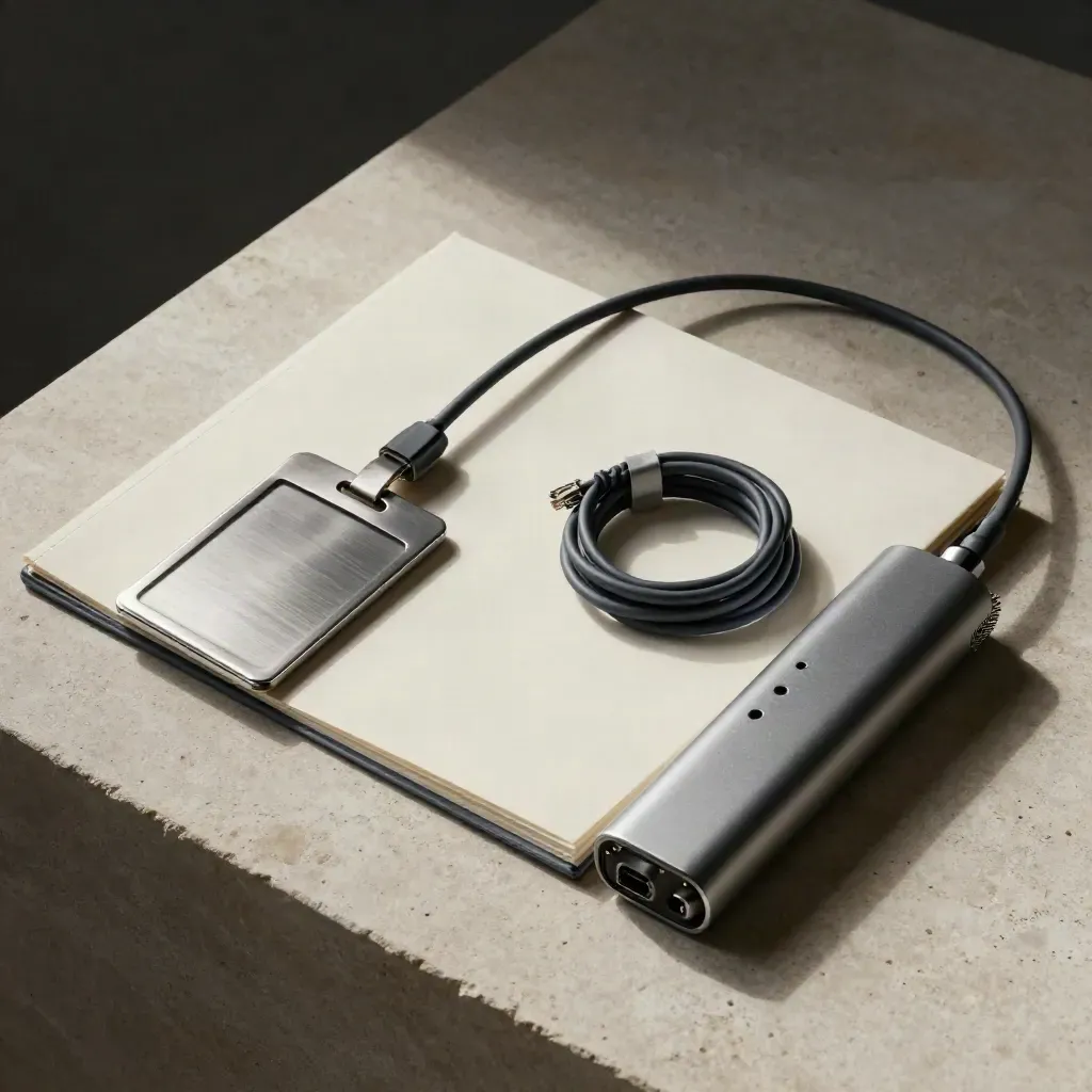 UK SaaS ops kit on pale stone with folder, badge holder, cable loop and desk hub.