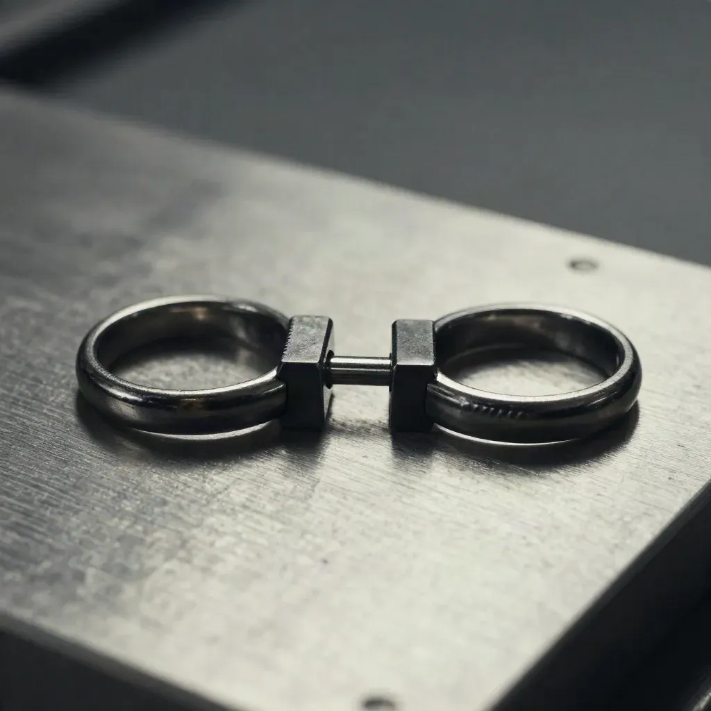 Linked steel rings and connector blocks on brushed aluminium, premium macro still life.
