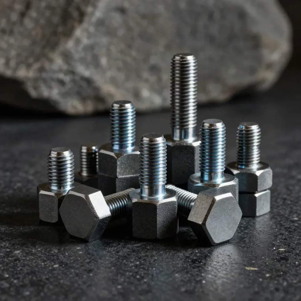 Hexagonal machined parts and fasteners on dark stone, lit dramatically with a faint electric-blue highlight.