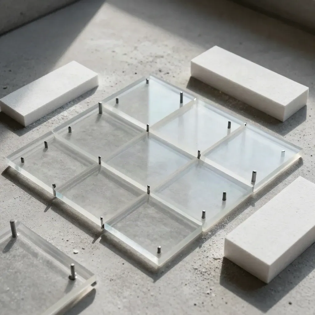 Top-down still life of acrylic tiles, pegs, and foam mockup blocks on concrete.