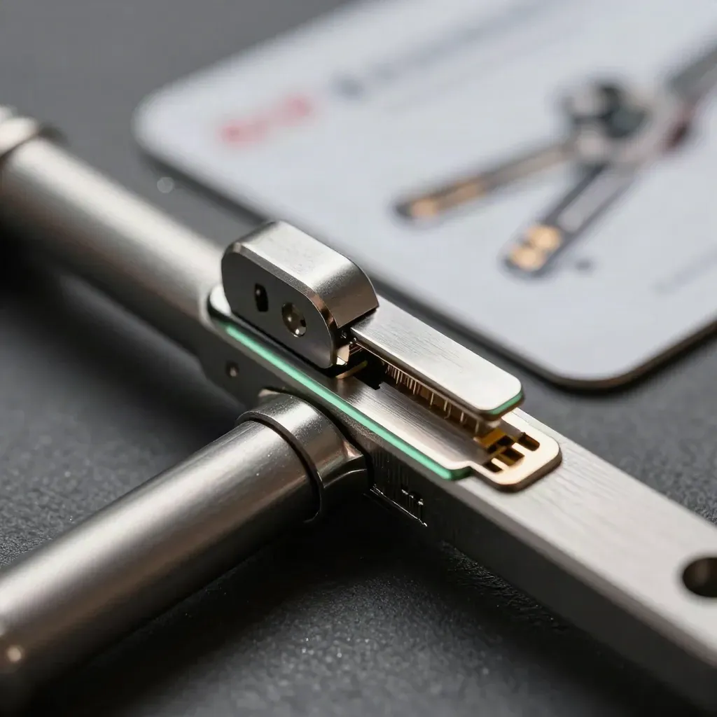 Macro of metal connector bars and a latch assembly sliding into place on brushed slate.